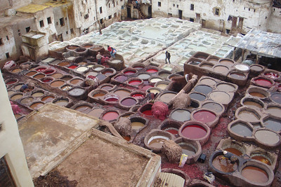 a view of the tannery pits from where else, a leather shop
