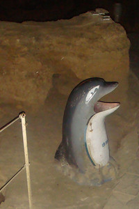 the dolphin and penguin trash cans seemed oddly out of place in a bay in Vietnam