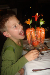 Nate enjoying some big steamed prawns