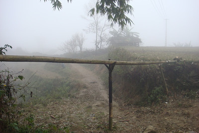a bamboo gutter diverts water to a field