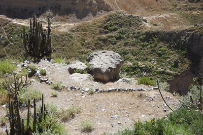 an Incan carving of the terraces beyond
